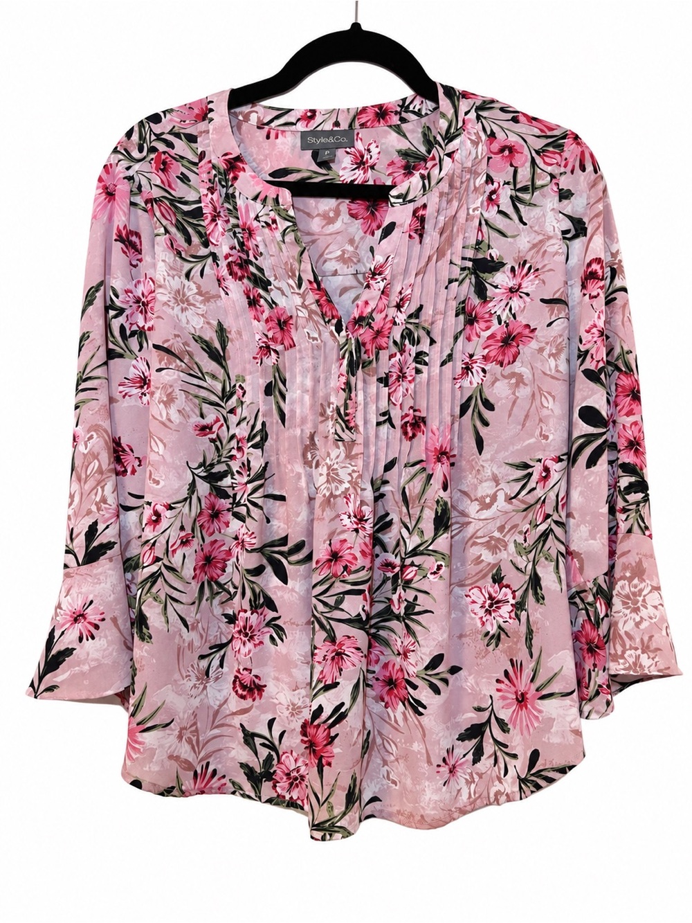 Style & Co. Pink Floral Pintuck Peasant Blouse
